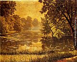 Wooded Canvas Paintings - A Wooded River Landscape